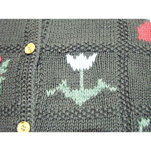 Vintage Y2K Susan Bristol Hand Knit Embroidered Cardigan Sweater Floral Black Lg - Picture 6 of 12